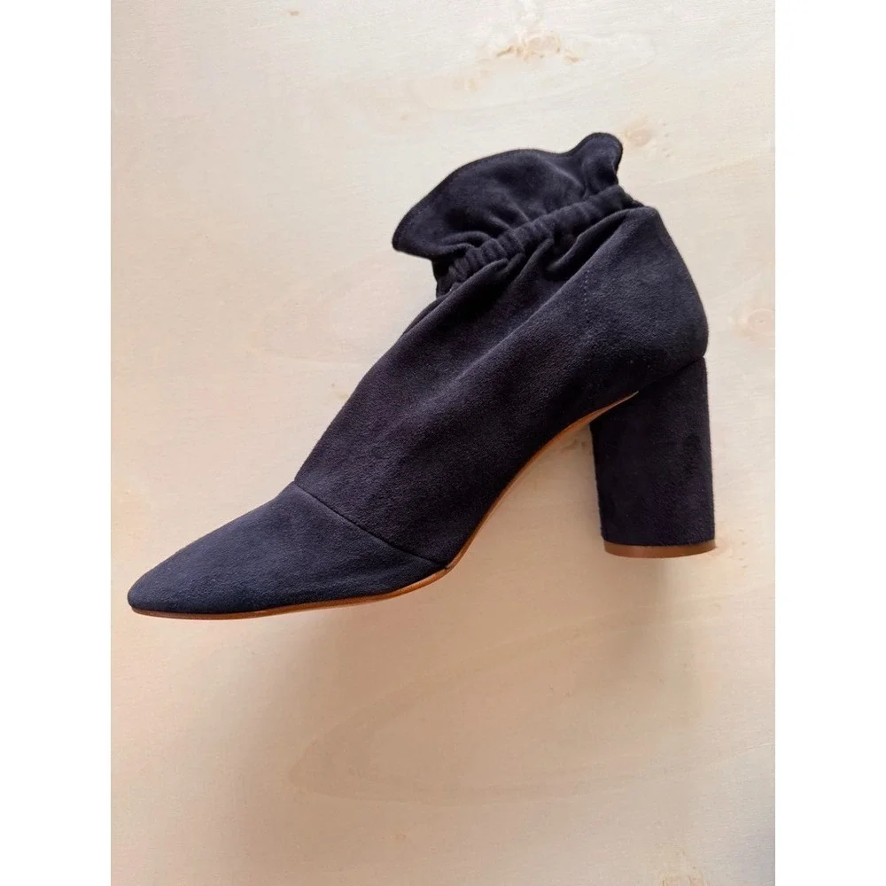 Kurt Geiger Ruffle Suede Ankle Sock Boots Black Block Heel Bootie Elastic 39 8.5